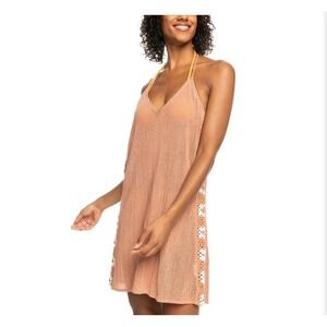 Roxy Crocheted Beach Cover Up Dress Womens XS Boho Knit Swim flower Peach